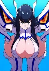 ai_generated armor asian asian_bimbo asian_female bending_over black_hair blue_eyes hands_on_hips hanging_breasts kill_la_kill kiryuuin_satsuki leaning_forward lubbasdump paag pale-skinned_female pale_skin smirk