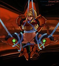 armor armored_samus arms_behind_back background bare_legs bare_midriff blonde_hair blue_eyes bondage female female_only human long_hair metroid metroid_prime nintendo patreon_logo patreon_username phazon phazon_slut ponytail power_suit pubic_stubble pussy restrained samus_aran signature solo spread_legs tentacle thick_thighs torn_bodysuit varia_suit