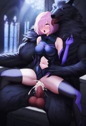 1boy 1girls ai_generated anime_nose anthro balls ballsack beastiality black_fur black_gloves black_legwear black_leotard black_sclera blush body_fur covered_eye erection exposed_stomach fate/grand_order fate_(series) female hair_over_one_eye hand_on_another's_hip human leotard male mash_kyrielight medium_breasts multicolored_gloves multicolored_legwear multicolored_leotard muscles muscular_male navel novelai penis penis_in_vagina pink_eyes pink_hair purple_eyes purple_gloves purple_hair purple_legwear purple_leotard rolling_eyes scrotum self_upload sex short_hair sitting sitting_on_lap sitting_on_person spread_legs straight testicles throne tongue tongue_out vagina veiny_penis werewolf white_eyes