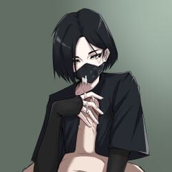 black_hair blowjob cum cute fanart female fingerless_gloves green_eyes handjob mask nsfw short_hair valorant viper_(valorant)