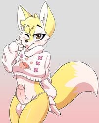 2019 absurd_res anthro balls blush bodily_fluids canid canine clothed clothing erection fennec fox fur genital_fluids girly hair hi_res humanoid_penis looking_at_viewer male mammal penis precum simple_background smile solo standing tongue tongue_out ziggy_fox ziggy_fox_(character)