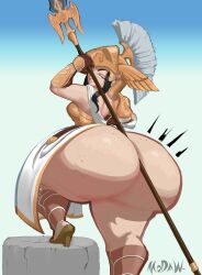 armor ass athena_(smite) back_view big_ass female gloves helmet holding_object_between_buttocks modaw smite spear weapon