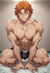 1boy abs ai_generated big_pecs blush blush bungo_stray_dogs civitai gay junichiro_tanizaki kneeling male male_only smiling_at_viewer solo solo_focus squatting