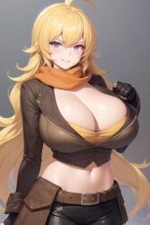 ai_generated big_breasts blonde_hair busty cleavage midriff purple_eyes rwby transformationwitch yang_xiao_long