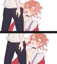 2boy 2boys anime_style black_collar blowjob blue_eyes blush bottom_chuuya brown_hair bsd bungo_stray_dogs bungou_stray_dogs chuuya_nakahara collar colored cum cum_in_mouth cum_on_face dazai_osamu dress_pants dress_shirt gay_blowjob heart heart-shaped_pupils male male/male male_only mostly_clothed oral oral_sex penis_out soukoku suspenders