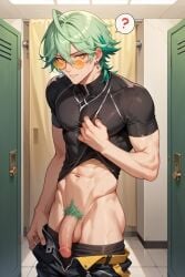 ? ai_generated ai_kira1_1 ezreal gay heartsteel_ezreal heartsteel_series league_of_legends locker_room looking_at_viewer male male_focus male_only penis tight_clothing twink undressing yaoi