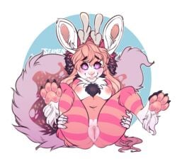 anthro antlers breasts female fur hair horn hybrid jackalope lagomorph looking_at_viewer mammal nipples nude pussy rodent sciurid seamen slightly_chubby smile solo