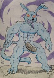 abs absurd_res anthro balls barazoku biceps big_muscles big_pecs black_eyes black_nose black_penis blue_body blue_fur claws dashthefox demon demonic demonic_eyes dream evil_face evil_look feet forked_tongue fur genitals hi_res humanoid_genitalia humanoid_penis hybrid long_ears long_tongue male manly muscular muscular_anthro muscular_male nails nightmare nude nude_anthro nude_male obliques open_mouth pecs penis purple_background purple_tongue red_sclera rock sharp_nails sharp_teeth sharp_toenails simple_background solo tail teeth thick_penis toe_claws toenails toes tongue tongue_out traditional_media_(artwork) vein veiny_arms veiny_penis