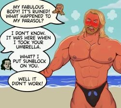 beach blush loki_(marvel) male_only marvel marvel_comics no_visible_genitalia prank speech_bubble speedo tanline thor_(marvel) tvfish-art upset