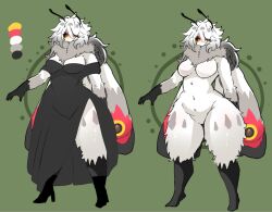 1girls antennae black_dress black_fur boots dress female_only fur fur_collar goldiefenc large_breasts monster monster_girl moth moth_girl nude nude_female thick_thighs white_fur wings