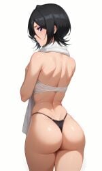 1girls ai_generated black_hair bleach curvy curvy_figure kuchiki_rukia looking_back purple_hair round_ass round_butt short_hair simple_background sleeveless slim_girl standing sweating thick_thighs thong topwear towel towel_around_neck wet white_shirt