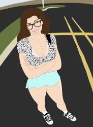 arms_crossed ava_taylor big_breasts converse crossed_arms folded_arms glasses leopard_print parking_lot skirt smirk sneakers