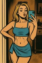 1girls ai_generated ava_(dad-of-ava) blonde_female blue_bikini dad-of-ava female kissy_face mirror mirror_selfie original original_character