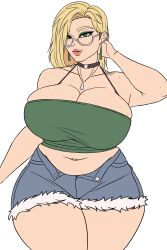 1girls belly big_breasts blonde_female blonde_hair blonde_hair_female breasts choker chubby chubby_belly chubby_female demon_dog demondog17 glasses green_eyes huge_breasts large_breasts large_thighs long_hair looking_at_viewer necklace round_glasses smile solo solo_female solo_focus straight_hair thick thick_thighs thighs wide_hips