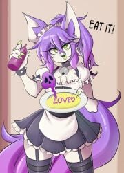 bell_collar big_breasts black_legwear breasts canine clothed collar costume female furry garter_straps green_eyes green_tongue hiel_(lucyfercomic) lucyfercomic maid_outfit maid_uniform plate poison purple_hair spiked_bracelet tagme thick_thighs white_fur wide_hips