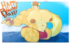 1boy anthro beach big_muscles big_pecs bowser bowser_day bulge floatie genitals hi_res huge_hips huge_muscles huge_pecs inflatable koopa male male_only mario_(series) muscular nathanlepoyo nintendo nipples pecs penis penis_base scalie sea solo water wide_hips