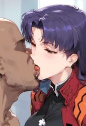 1boy 1girls age_difference ai_generated bald blush bodysuit breasts clothing cross cross_necklace curvaceous curvaceous_female curvaceous_figure curvy curvy_figure dark-skinned_male dark_skin fellatio female female_focus french_kiss interracial jacket jewelry katsuragi_misato kissing large_breasts long_hair looking_at_another male misato_katsuragi nakatori necklace neon_genesis_evangelion oral penis pilot_suit pubic_hair purple_hair red_eyes red_jacket saliva straight tongue tongue_out voluptuous voluptuous_female