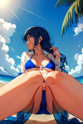 1girls 2:3 adult ai_generated ai_hands artist_request beach blue_hair blue_swimsuit breasts character_request cleavage clouds daytime female female_only human large_breasts long_hair long_sleeves looking_to_the_side mature naughty ocean open_clothes open_shirt outdoors outside palm_tree seducing seduction seductive shirt solo source_request swimsuit tagme two-piece_swimsuit