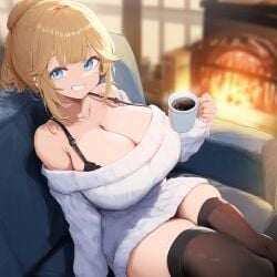 ai_generated bare_shoulders big_breasts blonde_hair blue_eyes bra_strap breasts cleavage hair_bun hololive hololive_english hololive_myth huge_breasts large_breasts looking_at_viewer mommy on_couch shoulders sitting smile sweater thick_thighs thighhighs virtual_youtuber vtuber watson_amelia