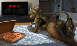 absurd_res anthro blizzard_entertainment bovid bovine breasts clothing container digital_media_(artwork) eleacat female food fur gaming genitals hair hi_res horn looking_at_viewer mammal moredrasia netflix netflix_and_chill nude pizza pizza_box ps5_controller pussy smile solo tail tauren warcraft