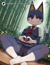 1girls ai_generated animal_crossing animal_ears artist_name bamboo bamboo_forest barefoot black_skirt blue_fur blue_skirt blue_vest blush breasts cat_ears cat_girl cat_tail closed_mouth collared_shirt day feet female forest full_body furry furry_female heart heart_hands indian_style legs looking_to_the_side medium_breasts meevow miniskirt nature necktie no_panties outdoors patreon_username pleated_skirt pussy red_eyes red_necktie school_uniform shirt short_sleeves sitting skirt smile solo steam sweater_vest tail tom_(animal_crossing) uncensored vest watermark white_fur white_shirt white_socks