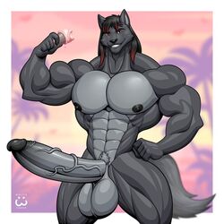 1boy 5_fingers animal_ears animal_penis anthro anthro_only balls beach big_penis buff furry furry_only furry_tail hyper_balls hyper_penis hyper_testicles ice_cream male male_only muscles muscular muscular_male naked nude penis red_eyes smile teeth testicles wolf wolf_ears wolf_tail wolfiecanem