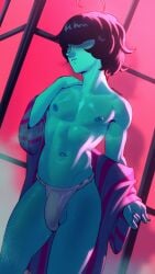 1boy 2024 9:16 artist_name ball_slip balls bangs barely_visible_balls barely_visible_genitalia belly_button black_hair blue_body blue_skin bulge clothed clothed_male clothing deltarune east_asian_clothing femboy front_view fundoshi genitals hair hair_over_eyes hi_res human kimono kris_(deltarune) male male_only medium_hair musk navel nipples partially_clothed penis playzholder pointy_nose signature solo standing steam stomach sweat sweatdrop sweating sweaty sweaty_balls sweaty_genitalia testicles thighs three-quarter_portrait twink underwear undressing