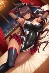 1girl ai_generated armpits arms_up bare_shoulders bed bed_sheet black_gloves black_leotard black_thighhighs blush breasts brown_hair cityscape cleavage closed_mouth covered_navel covered_nipples curtains dark-skinned_female digitalwaifugallery dutch_angle elbow_gloves fingerless_gloves fishnets frilled_leotard frills fur_trim gloves groin hair_between_eyes hair_ribbon hi_res high_quality high_resolution highleg highleg_leotard hip_focus impossible_clothes impossible_leotard indoors large_breasts legs_together leotard long_hair looking_at_viewer lying mizuki_yukikaze night night_sky on_bed on_side one-piece_tan patreon pillow pink_eyes pink_ribbon purple_eyes ribbon seductive sexy shiny_clothes shiny_skin skin_tight sky smile solo taimanin_(series) tan tanlines thighhighs thighs two_side_up uncensored very_long_hair watermark wide_hips window