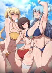 3girls aqua_(konosuba) darkness_(konosuba) female female_only kono_subarashii_sekai_ni_shukufuku_wo! megumin multiple_girls ponpo ponponmaru tagme twitter_link