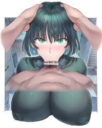 :>= all_the_way_to_the_base big_breasts cum_leaking_out_of_mouth cumshot_in_mouth deepthroat fubuki_(one-punch_man) looking_at_viewer mogudan nipples_visible_through_clothing oral surprised tight_clothing veiny_penis