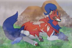 animal_genitalia animal_penis balls big_penis blue_body blue_fur blue_hair blue_penis blush canid canine claws erection feral fog foggy_background fur generation_8_pokemon genitals hair hero_of_many_battles_zamazenta hi_res honky_kat legendary_pokemon male mammal multicolored_body nintendo penis pokemon pokemon_(species) quadruped red_body red_fur solo white_body white_fur yellow_eyes zamazenta