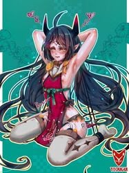 alternate_costume armpits arms_behind_head black_hair blush bondage bound bound_arms breasts crying crying_with_eyes_open demon_girl epic7 feet female hair helpless horns humiliation long_hair nipples pointy_ears ravi_(epic_seven) saliva small_breasts thighhighs uncensored vibrator vibrator_in_thighhighs vibrator_under_clothes yellow_eyes yeougui