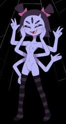 absurd_res arachnid arthropod blush blush_lines clothing fangs female footwear footwear_only genitals gesture hand_gesture hi_res legwear miscon monster mostly_nude muffet multi_arm multi_eye multi_limb navel nipples nude purple_body pussy socks socks_only solo spider teeth thigh_highs twintails undertale undertale_(series) v_sign