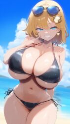 ai_generated beach big_breasts bikini black_bikini blonde_hair blue_eyes breasts cleavage earrings hololive hololive_english hololive_myth huge_breasts large_breasts mommy side-tie_bikini sideboob sunglasses thick_thighs underboob virtual_youtuber vtuber watson_amelia