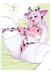 animal_print anthro ass big_ears bikini bow_tie breasts buxbi clothing cow_print dialogue domestic_cat ear_piercing eyeshadow felid feline felis female genitals grey_hair hair legwear lindy_(buxbi) makeup mammal original original_character piercing pink_body pubes pussy solo speech_bubble swimwear thigh_highs two-piece_swimsuit white_body