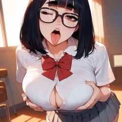 1girls ai_generated artstyle_imitation ass bag bangs big_breasts black_hair blowjob blunt_bangs bob_cut bowtie bra breasts breasts_focus brown_eyes classroom curvy emotionless eyelashes eyeshadow glasses grabbing_own_breast gray_skirt nerd night night_sky olie pale-skinned_female pleated_skirt red_bowtie school school_uniform schoolgirl sex short_hair skirt straight_hair thiccwithaq_(ai_style) thick_ass thick_legs thick_lips thick_thighs thighs tongue_out xandr