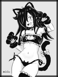 belly belly_button black_and_white blush boob_window cat_bell cat_ears cat_lingerie cat_tail embarrassed kuroki_tomoko monochrome navel small_breasts thick_thighs thighhighs thighs tummy watashi_ga_motenai_no_wa_dou_kangaetemo_omaera_ga_warui! xnandoneko