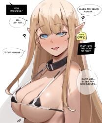 1girls 2024 2d 2d_(artwork) 2d_artwork ? big_breasts blonde_hair blue_eyes blush bra breasts cow_print elf elf_ears elf_female elf_girl english_text eroborne eyes_visible_through_hair fantasy femsub hi_res human_is_better human_supremacy human_worship hypnosis light-skinned_female light_skin long_hair male_human/female_elf maledom maledom_caption oc pointy_ears question_mark raceplay revealing_clothes skimpy skimpy_bikini solo speciesism tagme text underboob upper_body