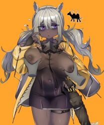 1boy 1girls 2024 animal_ears arknights big_breasts breast_grab breasts breasts_out cuddz dark-skinned_male dark_skin hi_res kemonomimi long_hair purple_eyes simple_background standing tuye_(arknights) white_hair