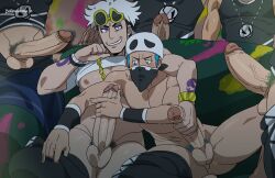 burankoprn couch fraternity gay grin group_sex guzma_(pokemon) handjob light-skinned_male light_skin male male_only mask pokemon presenting_penis shirt_lift smile team_skull team_skull_grunt_(male) undressing yaoi