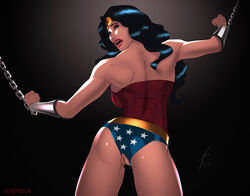 1girls 2017 amazon ass black_hair blue_eyes blue_panties bondage bound bound_wrists bracers breastplate chained chained_wrists chains crotch_cutout crotchless_panties dated dc dc_comics diana_prince enslaved_royal exposed_pussy female female_only femsub from_behind goddess heroineaddict human justice_league leotard lipstick long_hair panties pinup pussy royalty signature solo spread_arms standing superheroine themysciran thighs tiara vulva wet_pussy wonder_woman wonder_woman_(series)