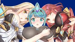 10s 3girls animated areolae armor bangs blonde blonde_hair blush bouncing_breasts breast_grab breasts cleavage dress embarrassed eyes_open female fingerless_gloves foursome gloves grabbing green_eyes green_hair groping huge_breasts implied_sex large_breasts long_hair loop matching_hair/eyes mp4 multiple_girls mythra_(xenoblade) nervous nintendo nipples no_sound one_eye_closed open_eyes open_mouth pneuma_(xenoblade) ponytail pyra_(xenoblade) red_eyes red_hair red_shorts sex short_shorts shorts shoulder_armor spoilers swept_bangs thighhighs tied_hair very_long_hair video white_dress xenoblade_(series) xenoblade_chronicles_2 yellow_eyes