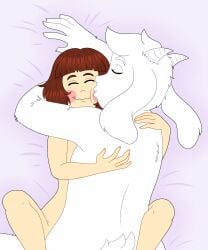 1boy 1girls ambiguous_penetration anthro_on_human asriel_dreemurr brown_hair chara cheek_kiss cling floppy_ears furry horns human husband_and_wife love love_making married_couple rainy_(artist) rosy_cheeks short_hair tail undertale white_fur wholesome