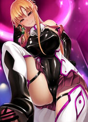 1boy 1girls ^_^ abs ass bare_shoulders black_gloves blonde_hair blush bootjob boots breasts cameltoe censored corruption dark_persona earrings elbow_gloves enemy_conversion female femdom foot_fetish footjob gloves highres jewelry large_breasts latex latex_gloves laughing_coffin leotard miyashiro_ryuutarou penis pov pussy_juice red_eyes shoejob smile solo standing standing_footjob sword_art_online thick_thighs thighhighs wet white_legwear wide_hips yuuki_asuna