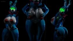 3d_(artwork) absurd_res animatronic anthro blue_body bow_tie breasts curvy_figure digital_media_(artwork) female five_nights_at_freddy's five_nights_at_freddy's_2 glowing glowing_eyes green_eyes hi_res lagomorph leporid lordchica_(artist) machine mammal rabbit robot sagging_breasts scottgames solo toy_bonnie_(fnaf) toy_bonnie_(psychojohn2)