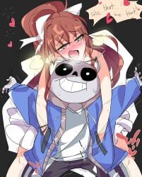 blue_jacket blush brown_hair crossover doki_doki_literature_club drooling drunk_female green_eyes heavy_breathing human interspecies jacket junglejops monika_(doki_doki_literature_club) monster ponytail ribbon sans sans_(undertale) shivering skeleton sweat tickling tickling_sides undertale weird_crossover white_dress white_gown white_ribbon