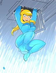 1girls bangs big_breasts blonde_hair blue_bodysuit blue_eyes bodysuit breasts female full_body high_heels legs looking_at_viewer metroid nintendo omegasunburst open_mouth ponytail samus_aran sidelocks thighs underboob ventilation_shaft zero_suit zero_suit_samus