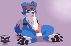 2019 absurd_res animal_genitalia animal_penis anthro balls bandana battouga-sharingan blue_fur blue_tail canine_penis digimon digimon_(species) digital_media_(artwork) erection fur gaomon hi_res male male_only nude pawpads paws penis red_eyes simple_background solo tongue tongue_out two_tone_tail white_fur white_tail