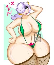 1girl bikini blushing brawl_stars colette_(brawl_stars) danoldfp fishnets green_bikini huge_thighs one_eye_covered ponytail posing scratching_neck sharp_teeth tummy white_hair