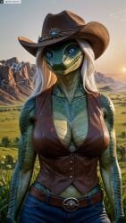 ai_generated anthro artist_name belt blue_eyes breasts cowboy_hat denim female female_anthro furry furry_female hat hi_res high_resolution highres jeans large_breasts long_hair looking_at_viewer outdoors pants photorealistic realistic reptile scales scalie solo stable_diffusion twitter twitter_username vest watermark yiffyjiffy2 yiffyjiffy69